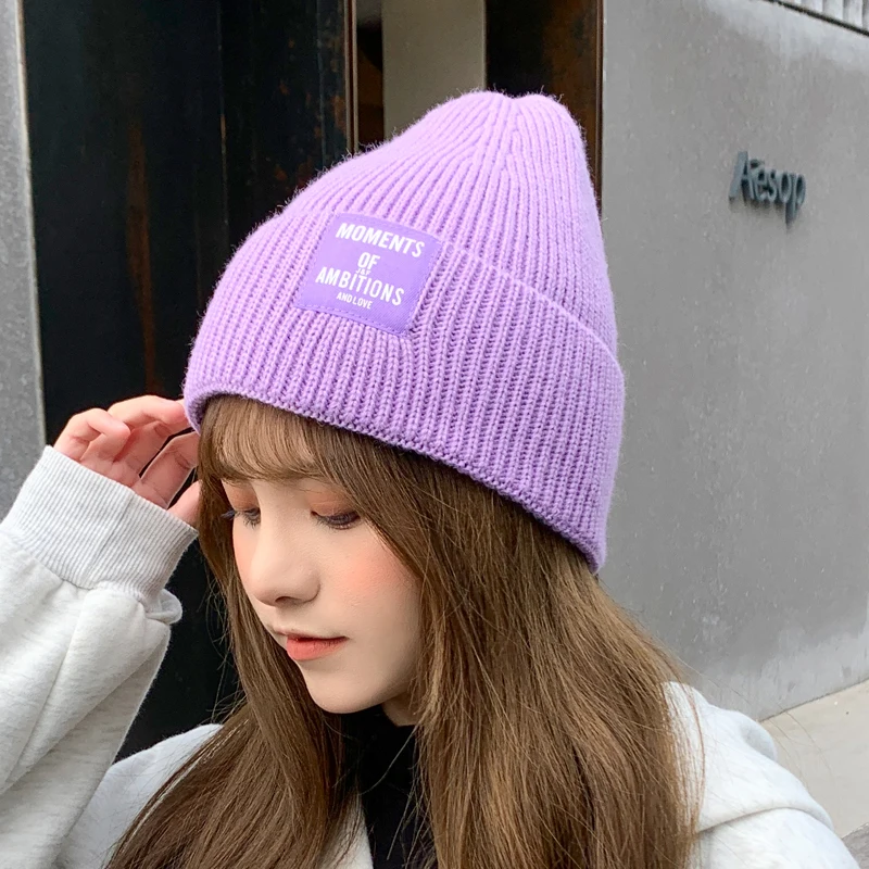 

Beanies Hats Winter Women Patch Letter Skull Cap Earflaps Knitted Embroidery Korean Fashion Warm New Autumn Street Trend Hat