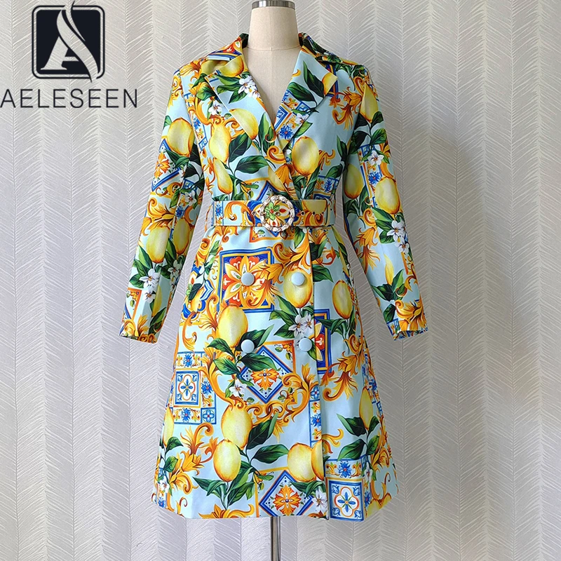 

AELESEEN Designer Fashion Women Autumn Winter Trench Coat Double-Breasted Mango Print Sashes Long Elegant Trench