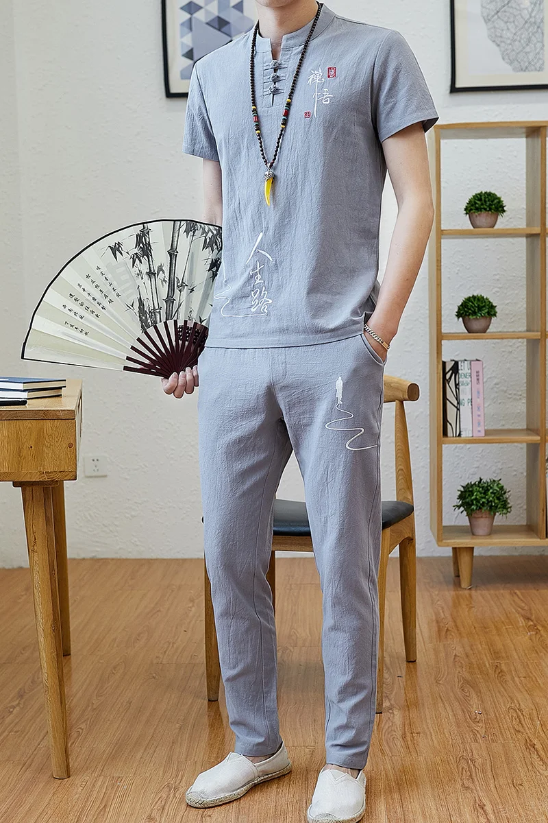 

Men Tracksuits Vintage Man Clothing summer Cotton Short sleeve+ pants Male Chinese style embroidery T-shirt Men's Sets