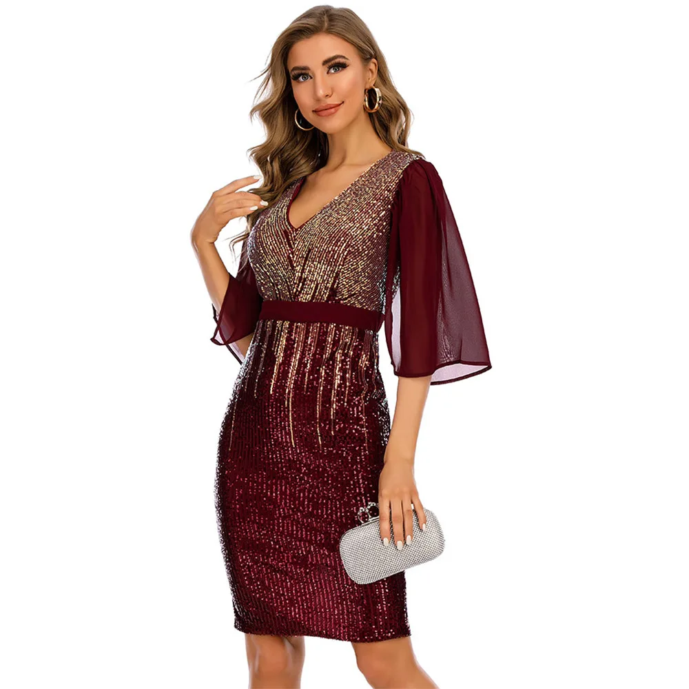 

Burgundy Cocktail Dress 2021 New Sequins V Neck Straight Night Club Party Dress Summer Vacation Formal Women Gown YSAN1027