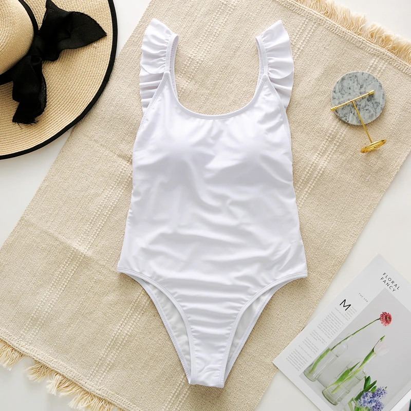 Цельный женский однотонный купальник-монокини с рюшами и открытой спиной