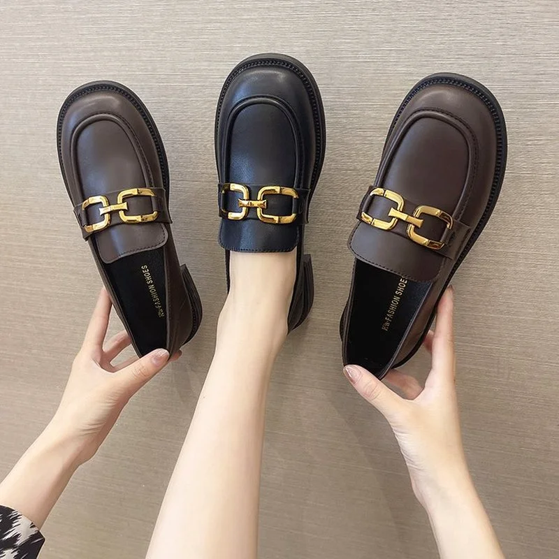 

Туфли женские на толстой подошве, лоферы в британском стиле ретро, с круглым носком, на платформе, с золотой пуговицей, весенние туфли на пло...