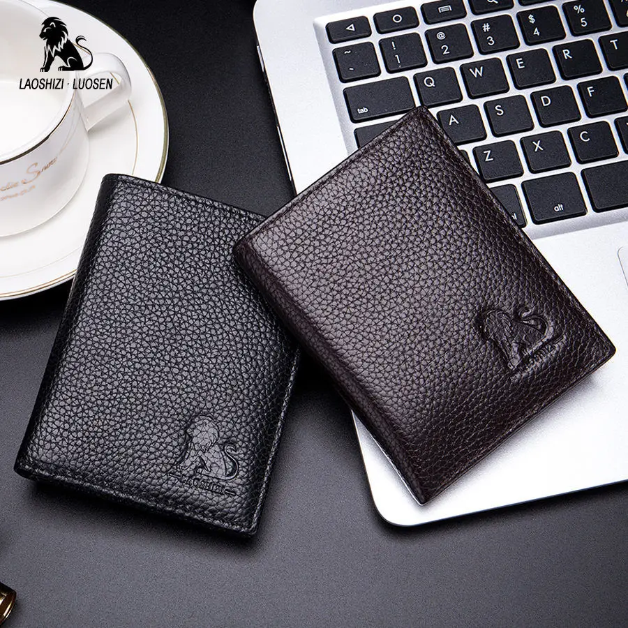 LAOSHIZI LUOSEN мужской кошелек натуральная кожа однотонный тонкий двойные Короткие
