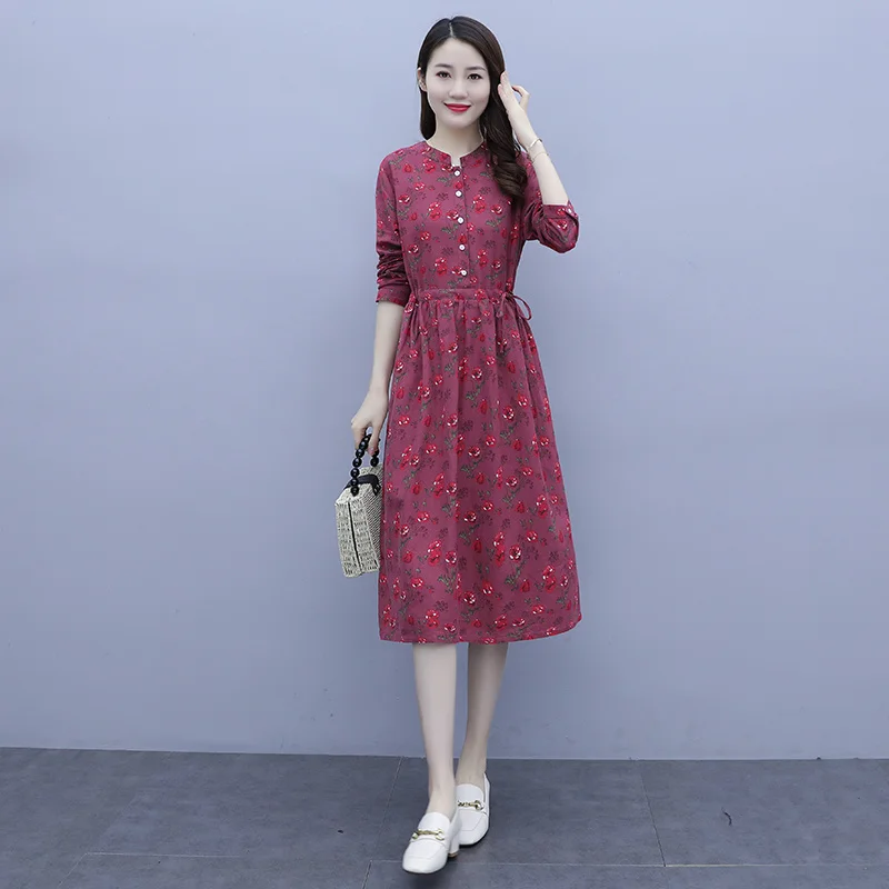 

Korea Vintage Floral Shirt Dress 2021 Autumn New Loose Slimming Drawstring Long Sleeves Dresses Single Breasted Half Open Collar