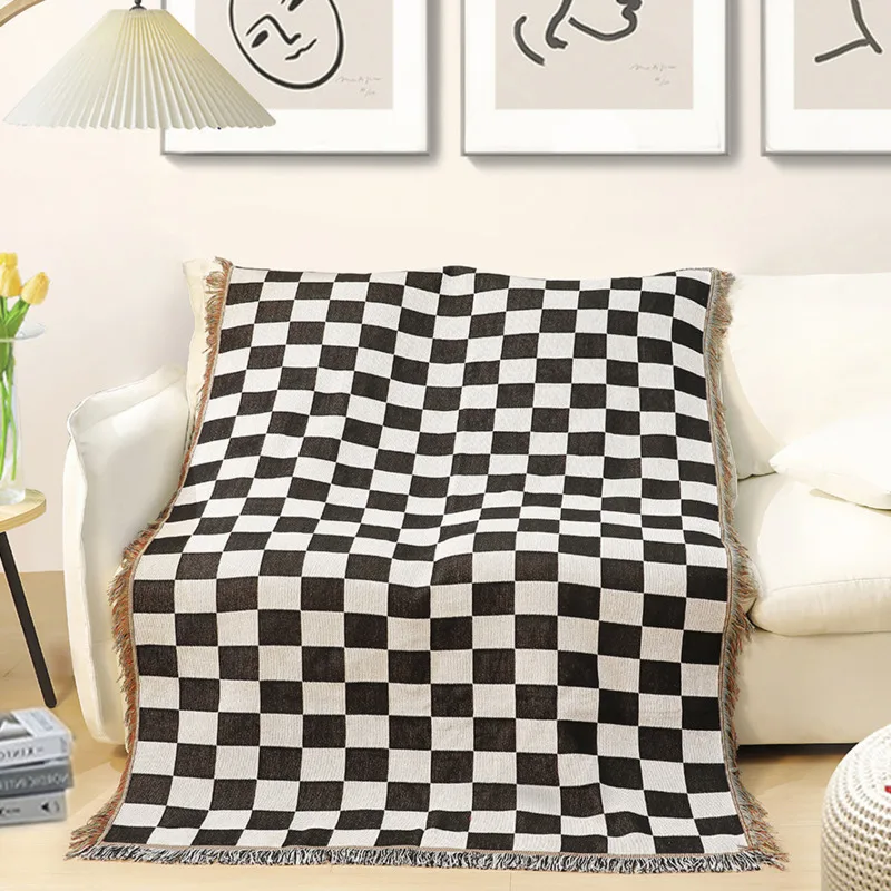 

Europe Casual Sofa Throw Blanket Black White Grid Cotton Thread Knitted Blankets With Tassel Geometry Bohemian Bed Home Decor