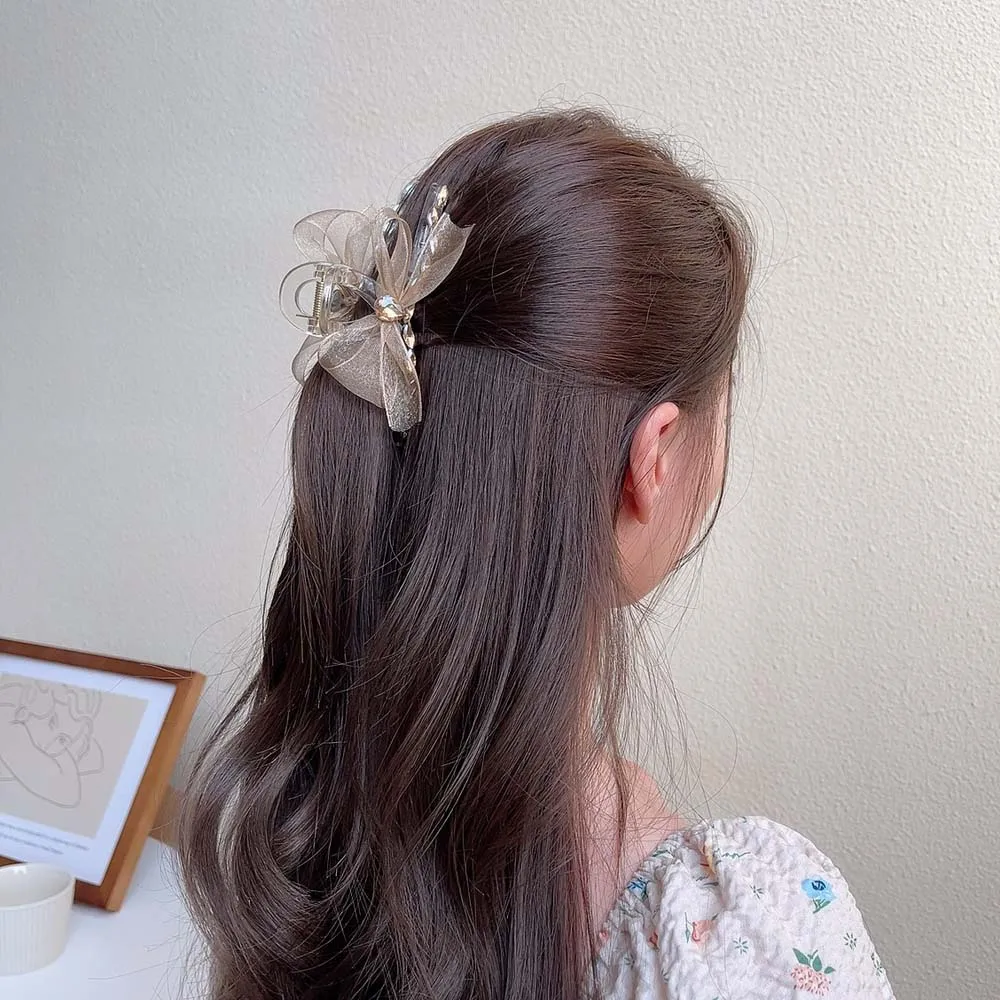 

1PC Korean Style Elegant Mesh Bow Hair Claws For Girls Hair Clip Temperament Shark Clip Crystal Headwear Hair Accessories