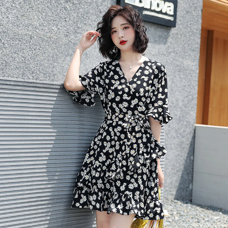 Шифоновое летнее платье с V образным вырезом и маргаритками|Женские платья| |