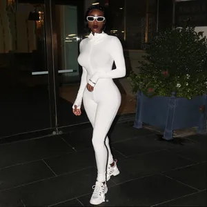 Комбинезон NIBBER Женский на молнии, повседневный однотонный комбинезон с длинным рукавом, с высоким воротником, Облегающий комбинезон для активного отдыха, черный, белый, на осень