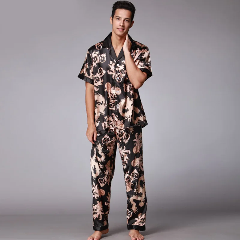 Ночная рубашка брюки пижамный комплект Мужская пижама с коротким рукавом весенняя ночная рубашка халат шелковая домашняя одежда от AliExpress WW