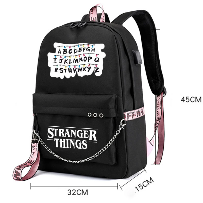 

New Stranger Things Canvas Backpack USB Charge Women Student Backpack Letters Print School Bag Teenager Girls Ribbons Backpack