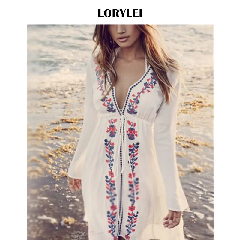 Женская пляжная туника с вышивкой белая хлопковая летнее пляжное платье