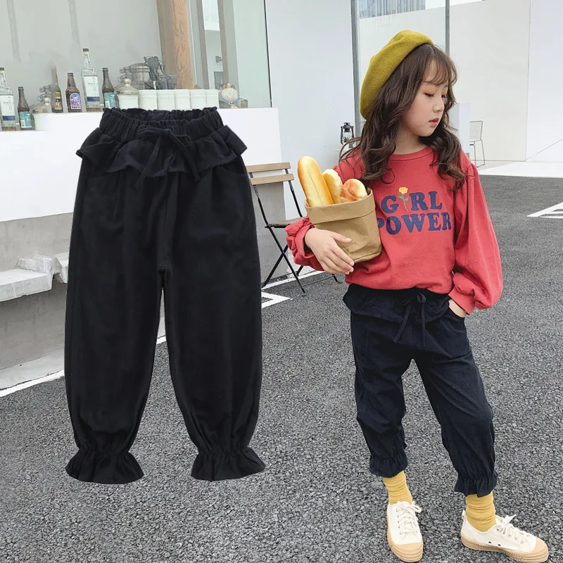

Spring Autumn Cotton Linen Girls Trousers Buds Waist Drawstring Children Girls Pants Casual Kids Ankle Banded Pants 3-14T