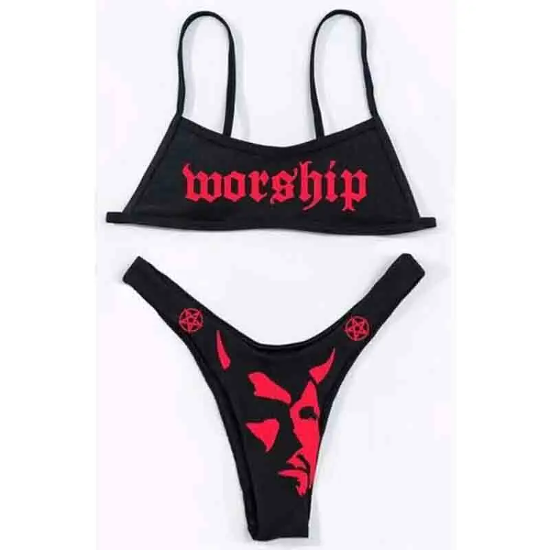 

2021 New Sexy Women's Bikinis Spoof Graffiti Printing Devil Punk High Waist Swimsuit Beachwear Brazilian Swimwear Gift For Girlf
