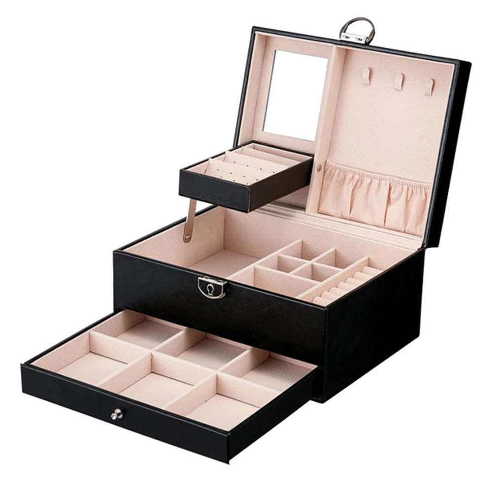 

Organizer Earrings Necklaces Jewelry Box Simple Solid Travel Makeup Organizer Display Multi Layer Stud Portable Rings With Key