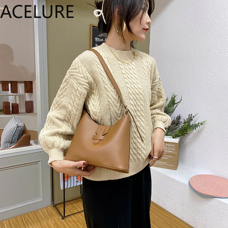 

ACELURE Soft Female Shopping Bags Satchels Tote Black Khaki PU Leather Shoulder Bags for Fashion High Capacity Hasp Casual Totes