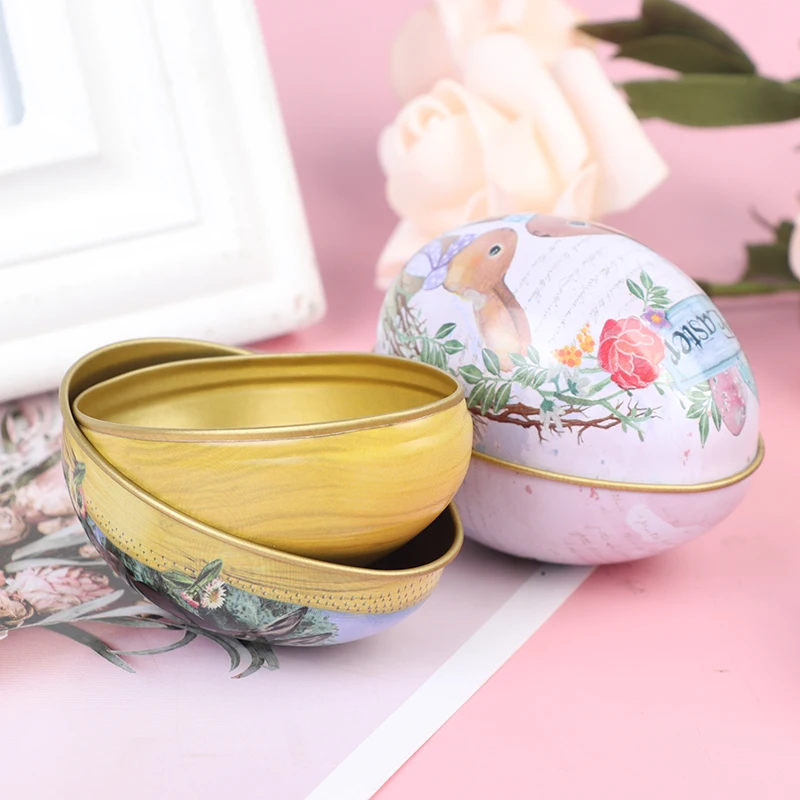 

1PC Easter Eggs Shaped Candy Box Party Decoration Alloy Metal Trinket Tin Tinplate Case Easter Bunny Chick Printing Random Send