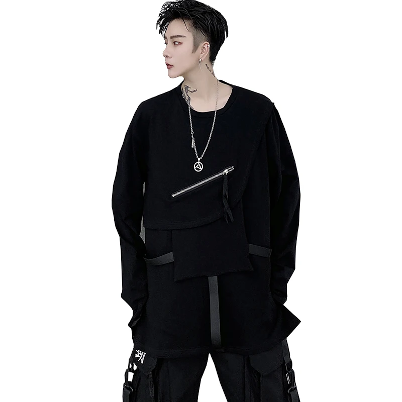 

Male Women Hip Hop Gothic Tees Shirts Men Streetwear Function Style Pocket Ribbon Long Sleeve Tshirt