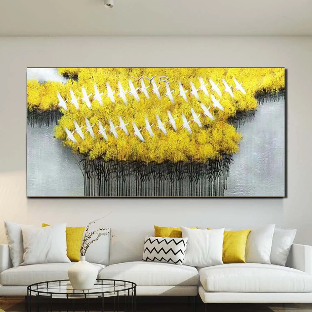 

Hand Painted Abstract Impasto Yellow Flower Bird Landscape Wall Picture Oil Painting Canvas Living Room Home Decor Drop Shipping