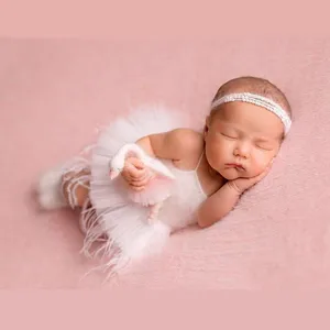 Newborn Photography Clothing Pearl Headband+Romper+Feather Skirt+Shoes 4Pcs/set Baby Girl Photo Prop in USA (United States)