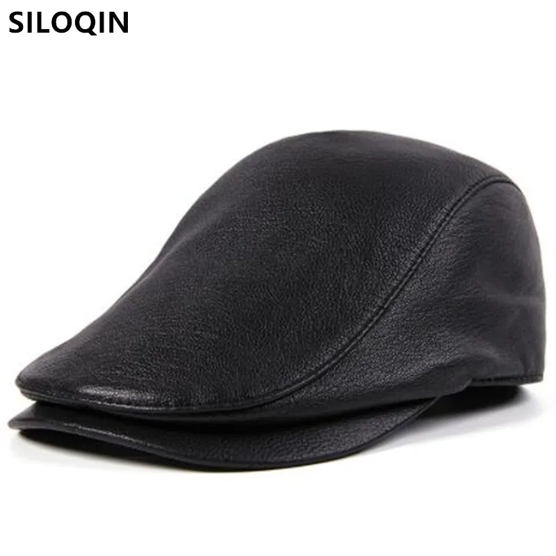

SILOQIN Autumn Winter Men Women Sheepskin Berets Snapback Cap Genuine Leather Caps Adjustable Size Simple Fashion Couples Hats