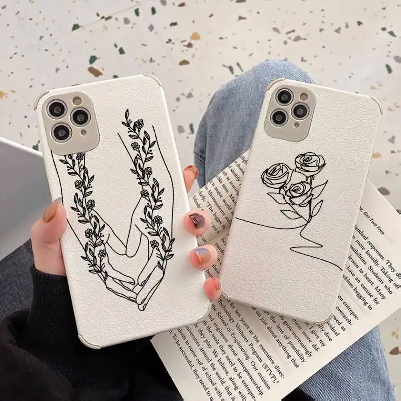 

Love yourself Flower Abstract Line Phone Case Lambskin Leather For iphone 12 11 8 7 6 XR X XS PLUS MINI PLUS PRO MAX Shockproof