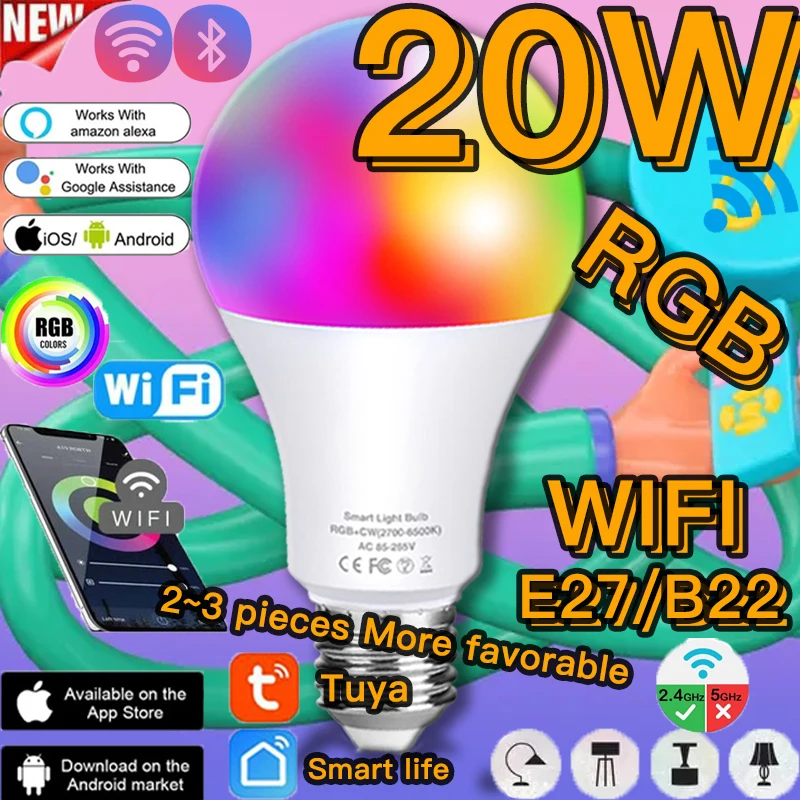 

WiFi 20W Smart Light Bulb E27 LED RGB Lamp Dimmable Timer Function Bulb Siri SmartLife Voice Control For Alexa Google IR Remote
