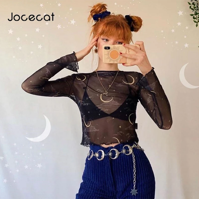 

Jocecat Summer 2020 Sun And Galaxy Print Mesh Crop Top Tshirt Transparent Sexy Rave Clubwear Long Sleeve Tee Shirt Harajuku