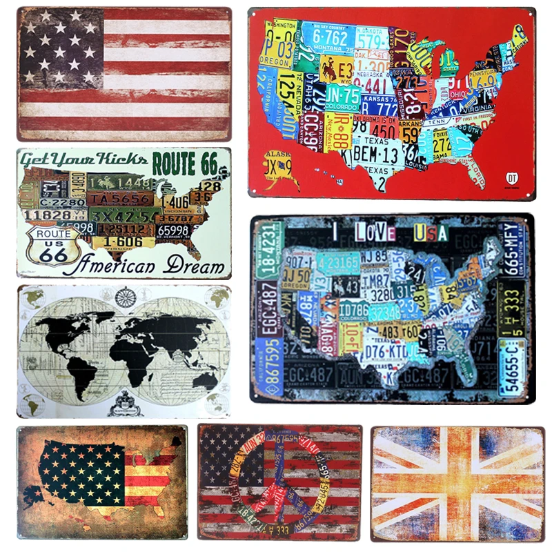 

Country Car Plates USA Route 66 MAP Vintage Tin Sign Bar Pub Home Garage Wall Decor Retro Metal Art Poster Plaque 30x20cm A881
