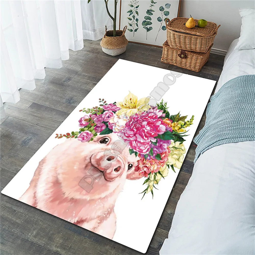 

Fresh flowers Pink Pig Area Rug 3D All Over Printed Non-slip Mat Dining Room Living Room Soft Bedroom Carpet 01
