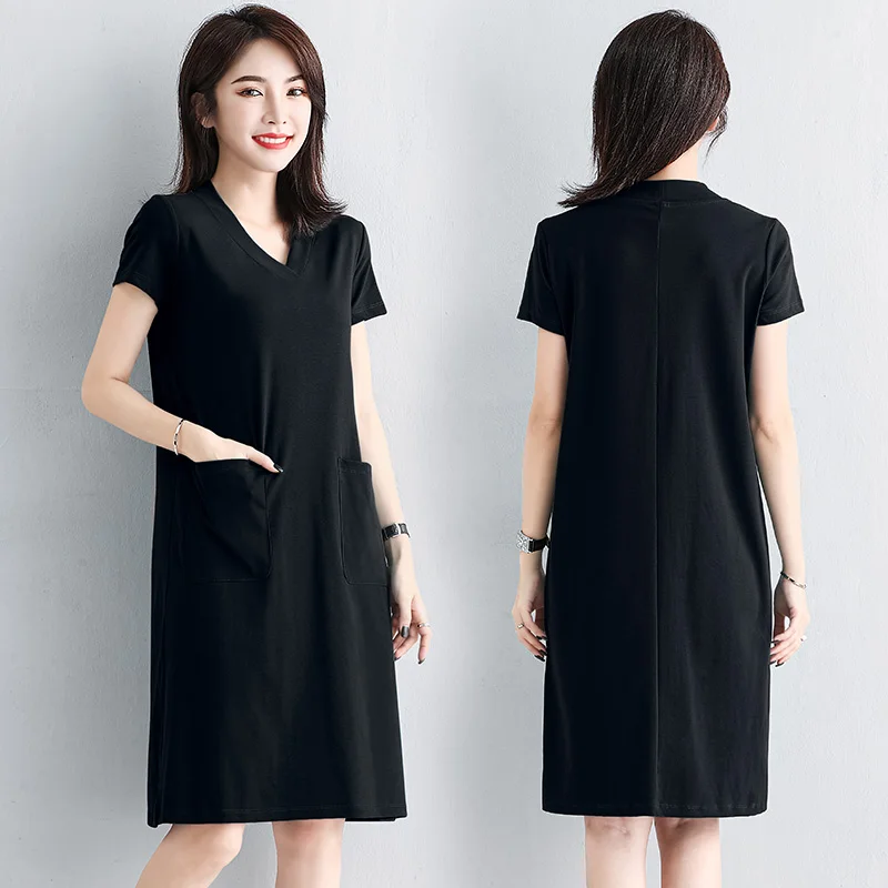 

Black Casual Dress Female Summer V-neck French Retro Temperament Loose Cover Belly Show Thin Short Sleeve Midi Dress