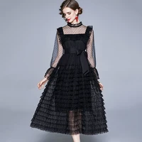 new women lace dress summer 2021 elegant fashion vintage half high collar flare sleeve slim long gauze cake awning dress