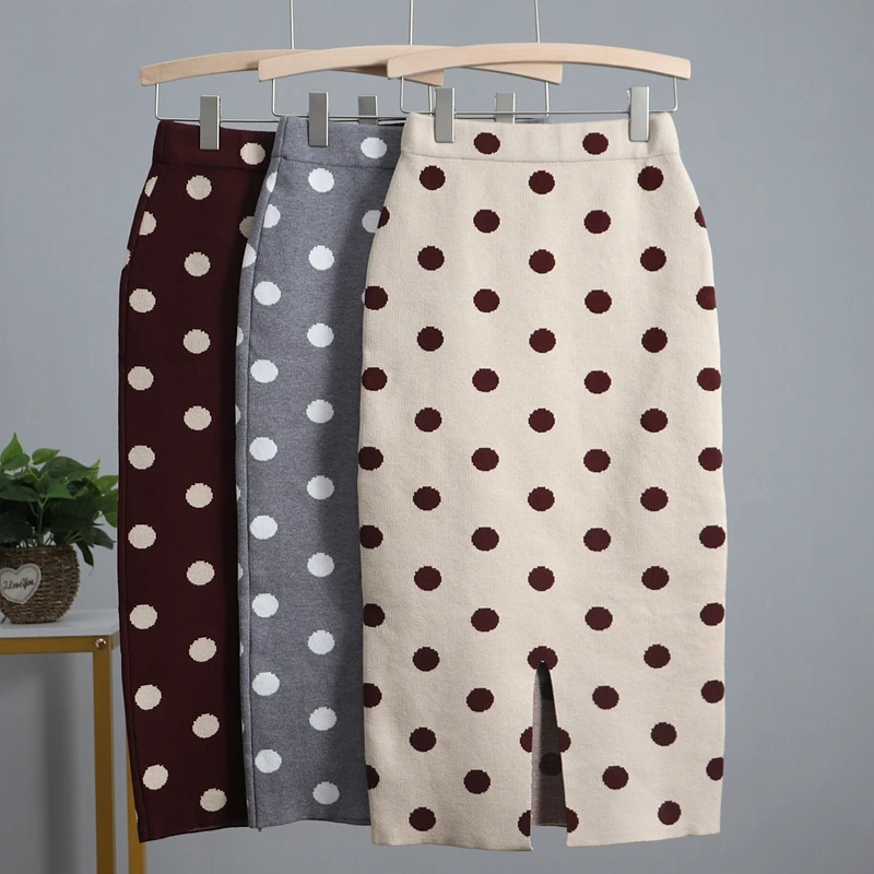 

Women Knit Polk Dot Pencil Skirt Female Autumn Winter High Waist Bodycon Vintage Split Thick Stretchy Sweater Skirts