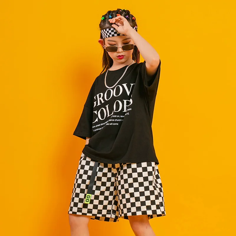 

Детский костюм для танцев в стиле хип-хоп, летняя одежда для фестиваля, сценический костюм, одежда для уличных танцев, шорты в клетку, Детски...