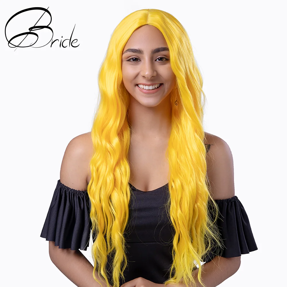 

Bride Yellow Color Long Water Wave Hairstyle Wigs For Women Synthetic Hair High Temperature Fiber Average Size