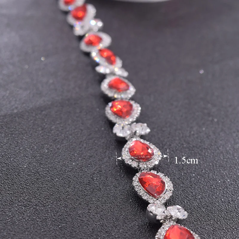 

5yards red color rhinestones glass applique trim for wedding dress belt sewing decorations crystal silver patch accessories