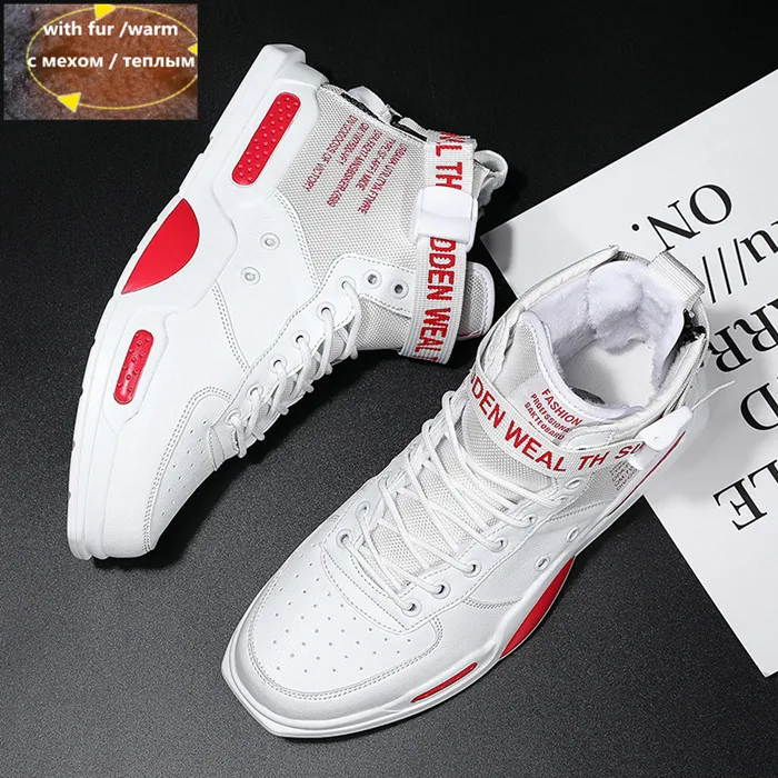 White Red Fur VSIOVRY/; Зимняя мужская обувь; Теплая Повседневная обувь на меху; высокие удобные мужские кроссовки; модные Прогулочные кроссовки для влюбленных - Цвет: White Red Fur