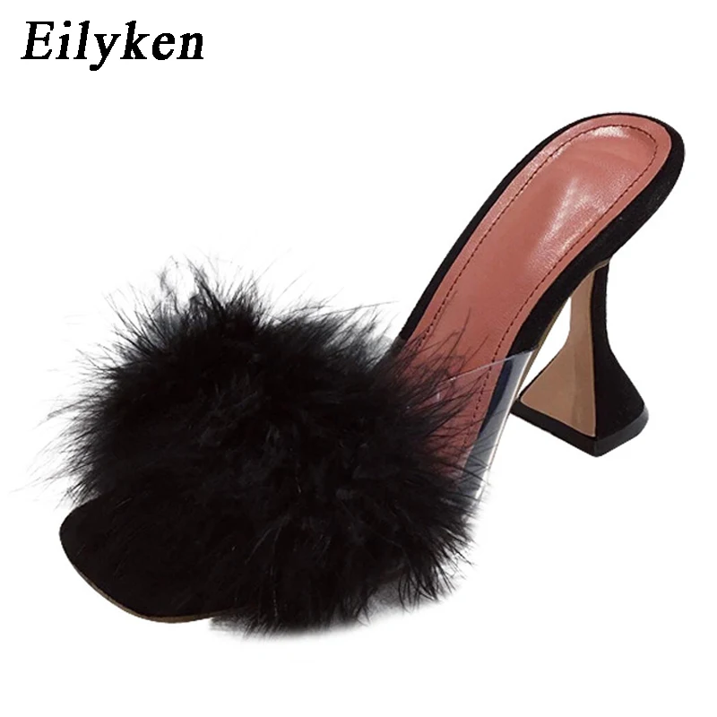 

Eilyken Woman Summer New Mules Slippers Feather PVC Transparent High Heels Fur Sandals Peep Toe Spike Heel Ladies Slides Shoes