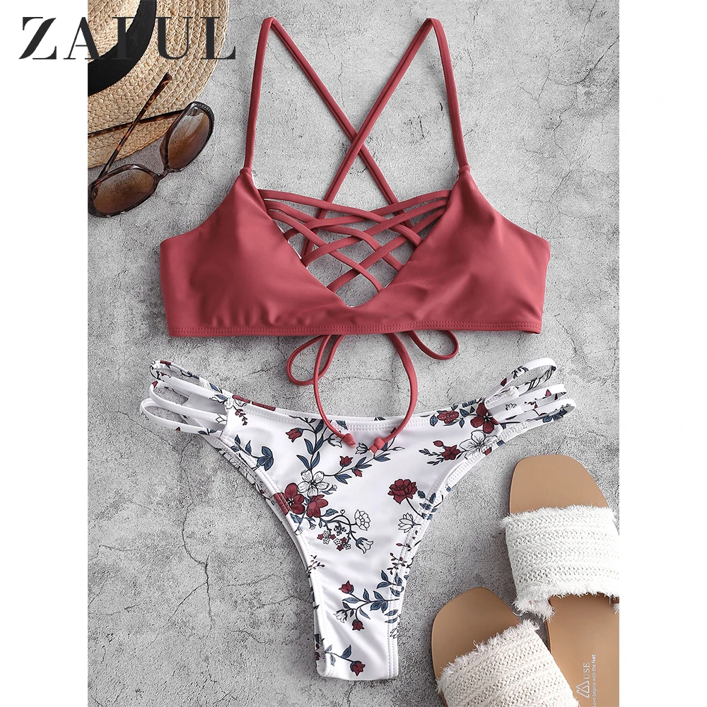 Женский купальник-бикини ZAFUL с цветочным принтом высокой посадкой
