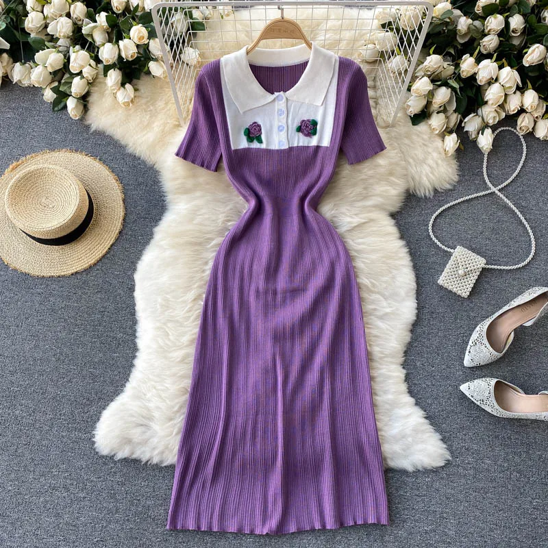 

2021 New Summer Fashion Knitted Short-sleeved Vestidos Women's Slim Contrast Color POLO Collar Slim Midi Dress KK467