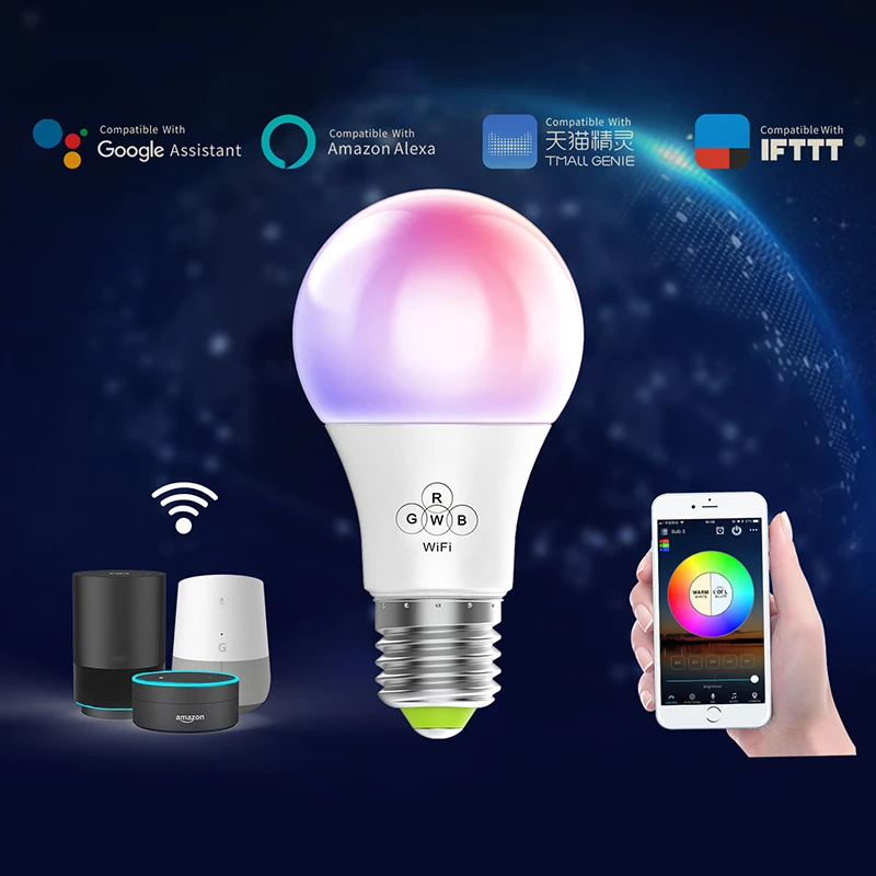 2 шт. WiFi умная лампочка многоцветная светодиодная лампа RGB совместимая с Alexa Google