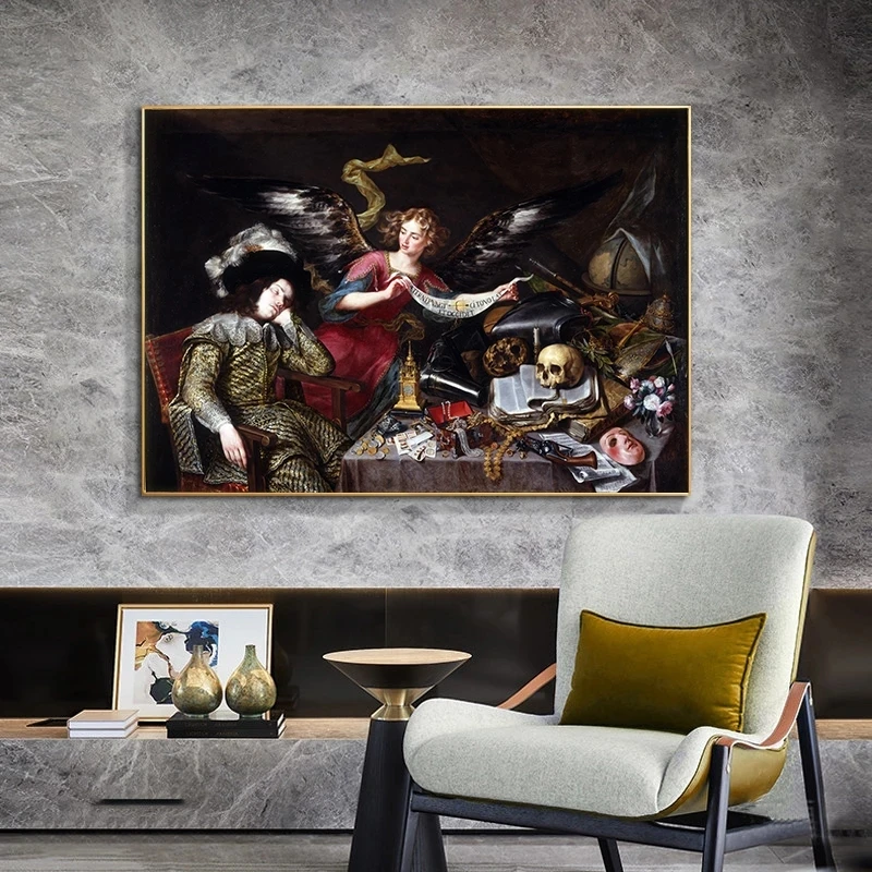 

Famous Painting Posters and Prints Wall Art Canvas Painting Dream of the Knight Antonio de Pereda Pictures for Living Room Decor