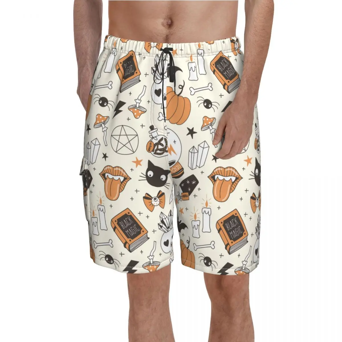 

Halloween Pumpkin Bone Cat Board Shorts Funny Polyester Swimming Trunks Bathing Funny Men Swim Trunks