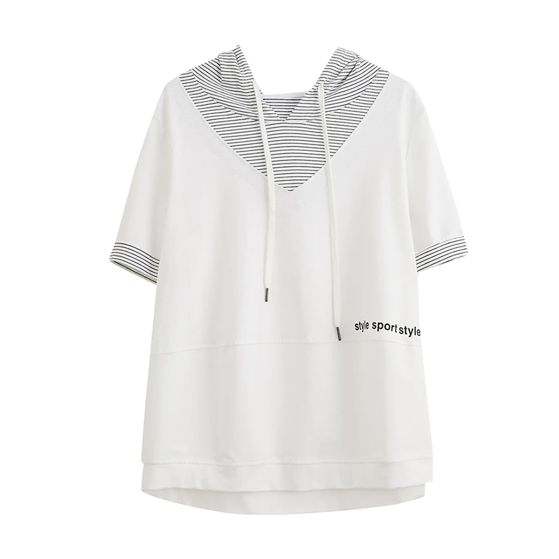

Hooded Sweatshirt Women's Summer New Splicing Stripes Harajuku Loose Hedging Literary Commuting Temperament Female Top T-shirt