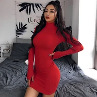slim high neck long sleeve hip dress female autumn and winter home solid color base party one step skirt