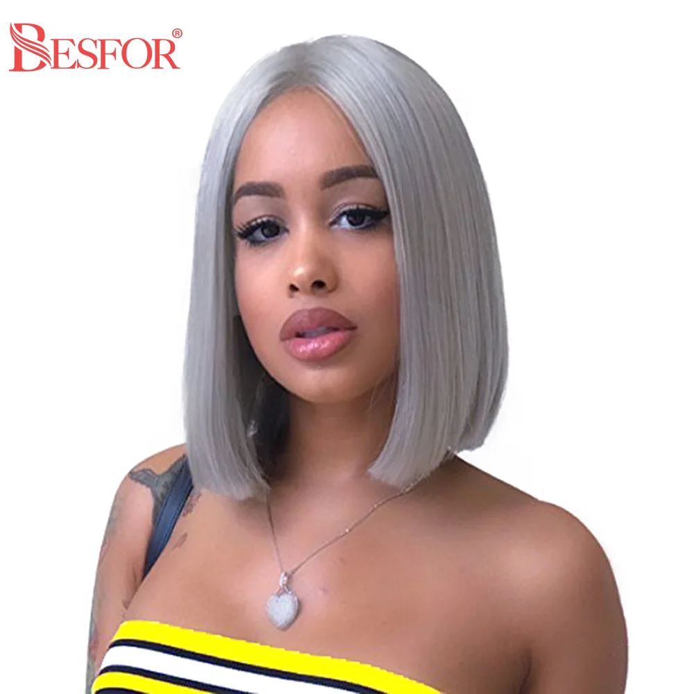 

BESFOR 13x 4 кружевные передние человеческие волосы, седые парики, короткие прямые 150% плотные кружевные передние парики, бразильские натуральны...