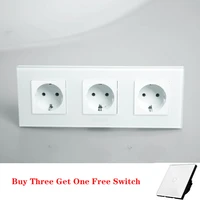free shipping eu triple power socket schuko white crystal glass panel 16a eu standard wall outlet kp003eu w