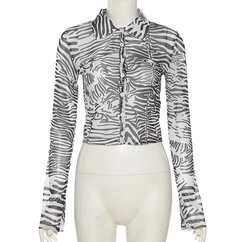 

CNYISHE Fashion Zebra Print Button Up Cropped Shirts Woman T-shirts Tees Autumn Long Sleeve Striped Crop Tops for Women's Blusas