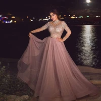 luxury major beading saudi arabia formal evening dresses dusty pink crystals sequins pearls prom dress a line long sleeve gowns