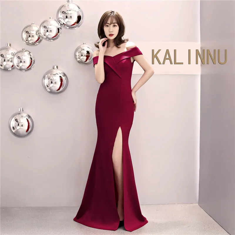 Burgundy Skyyue Evening Dress Off The Shoulder Women Party Dresses Short Sleeve Robe De Soiree Sexy V-neck Split Formal Gowns C087 - Цвет: Burgundy