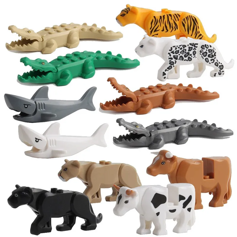 Фигурки-конструкторы животные, сборные кирпичи, тигр, леопард, слон, волк, Акула, полярный медведь, Кит, детские игрушки